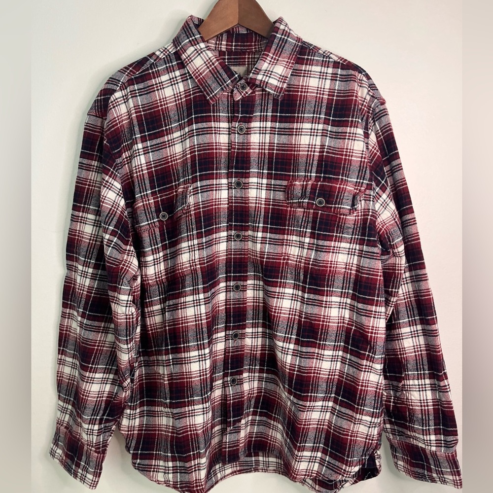 Jachs Flannel Button Down Long Sleeve Shirt 2X Burgundy White Blue 100% Cotton